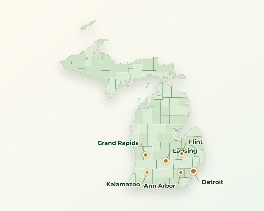 Accurate Michigan land service area map with county boundaries and major city labels